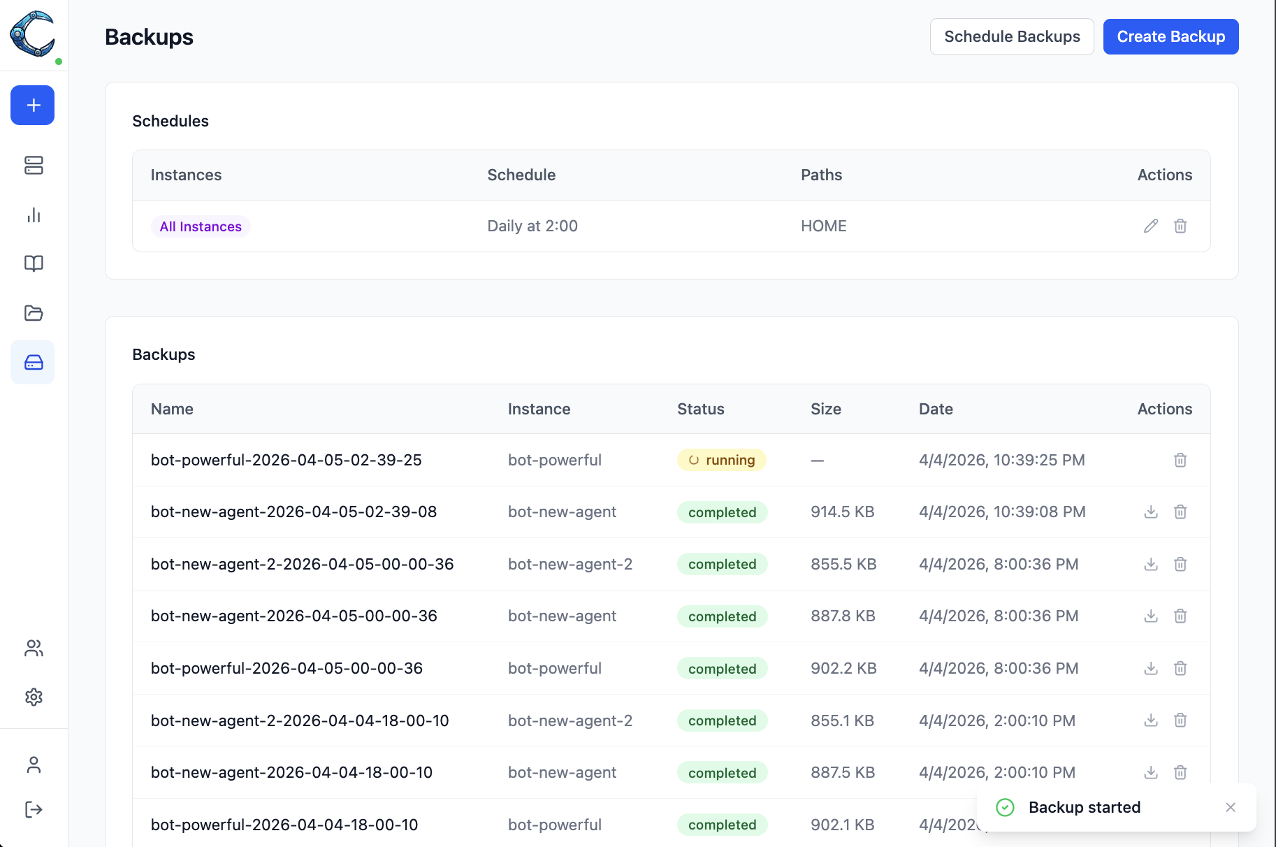 Backups page showing backup list with status, size, and actions