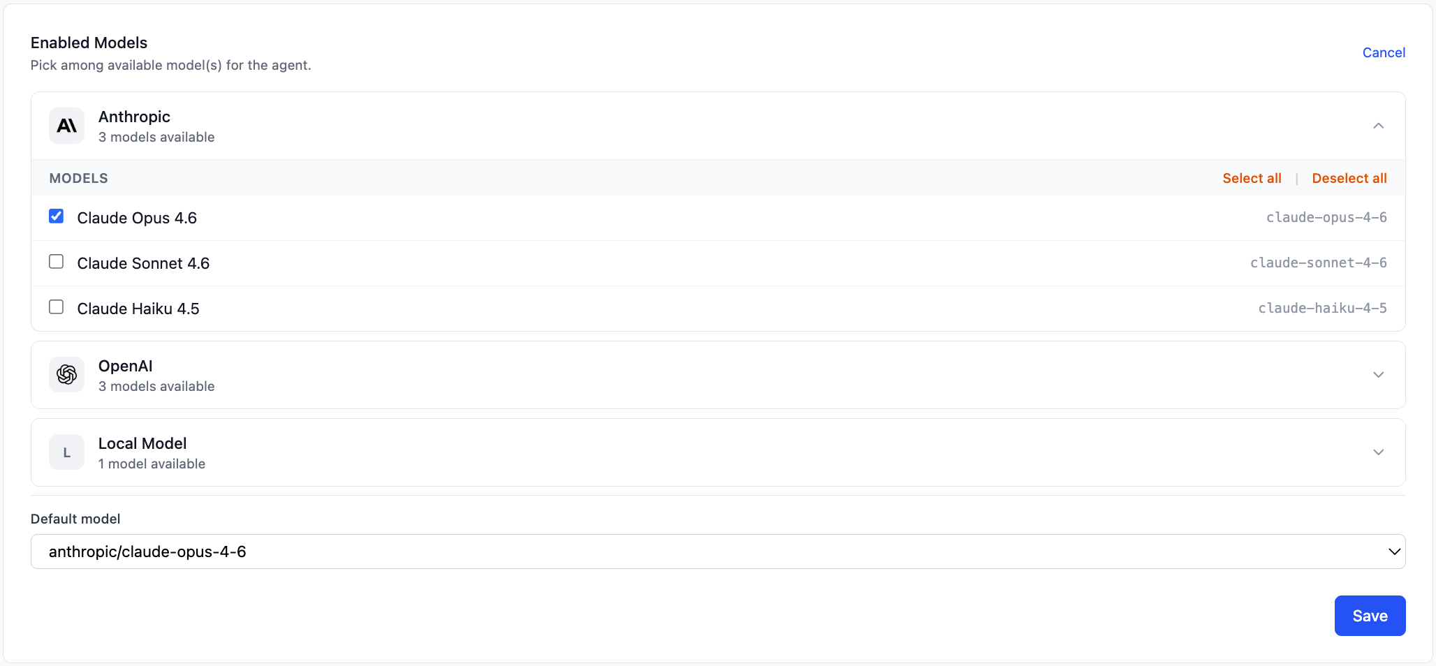 The Enabled Models panel showing providers expanded with individual model checkboxes and a Default model dropdown